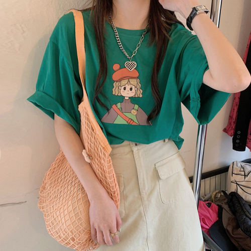 Green Cute short sleeved T-shirt women's summer 2022 new Korean loose foreign style age reducing top looks thin and versatile