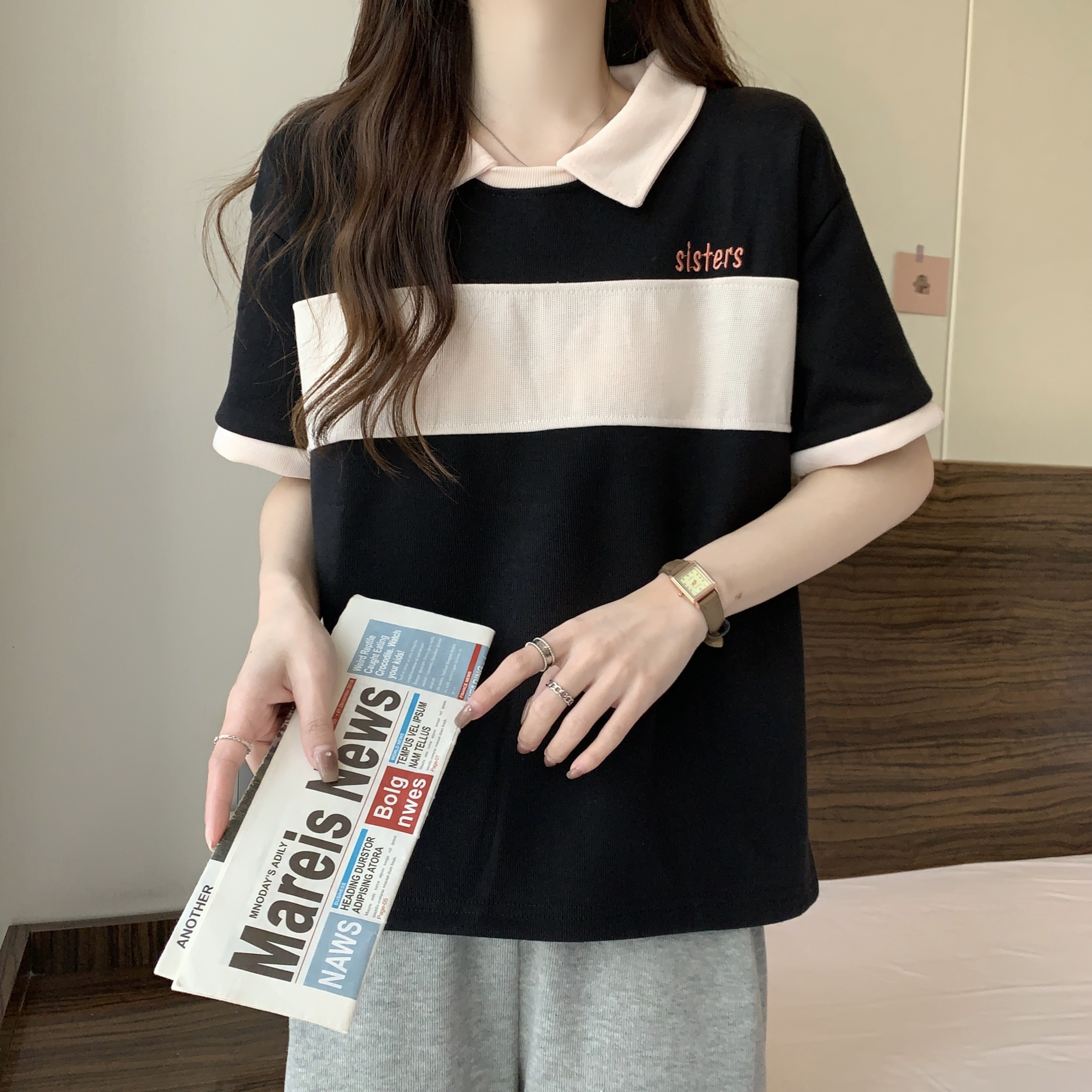 Real shot of rice wool 35 cotton summer new short-sleeved hit color Polo shirt college loose all-match T-shirt top women