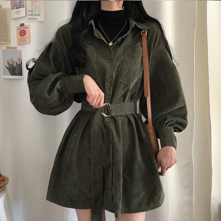 Korea dongdamen new loose corduroy lace up dress for women