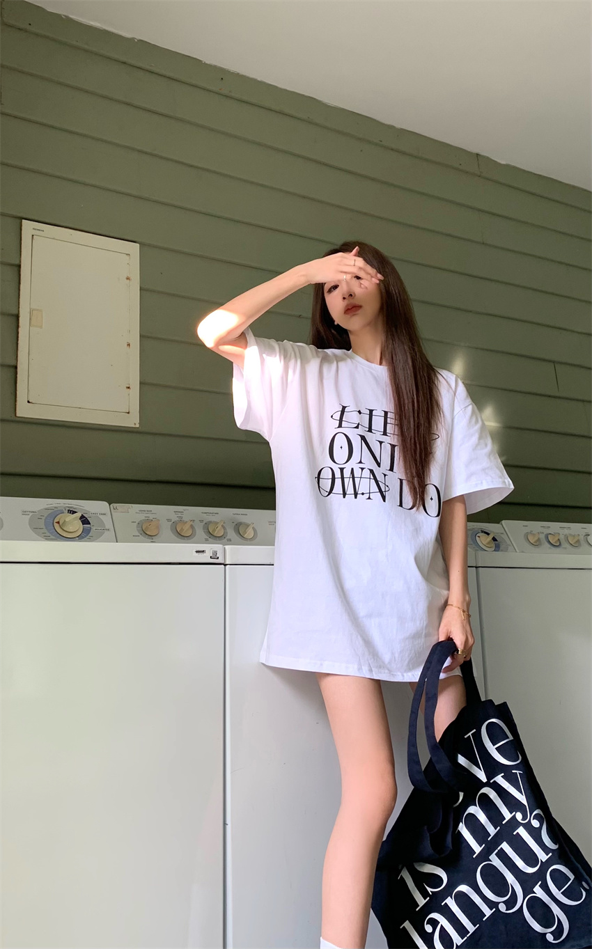 Real shot Nett Korean style loose letter print short-sleeved mid-length T-shirt