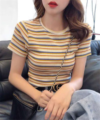 Collarbone t-shirt female summer short sleeve 2021 new slim Rainbow Stripe T-shirt French square neck short top