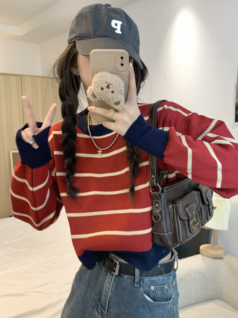 Striped Knit Sweater Small Top Women's Autumn 2022 New Loose Short Pullover Outer Wear Unique Special Sweater