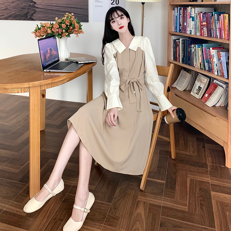 Real shot with zipper on the back 2023 spring new French color contrast stitching dress high waist gentle wind skirt