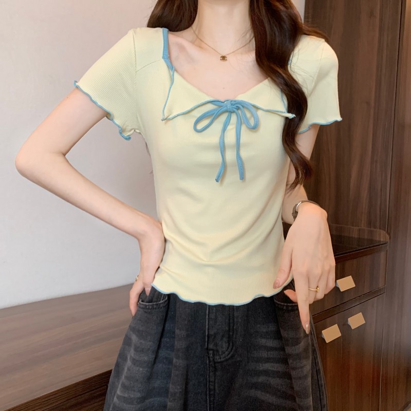 Actual price, real shot, summer sweet and spicy design, contrasting color, small lapel, irregular hem, slim fit short-sleeved top