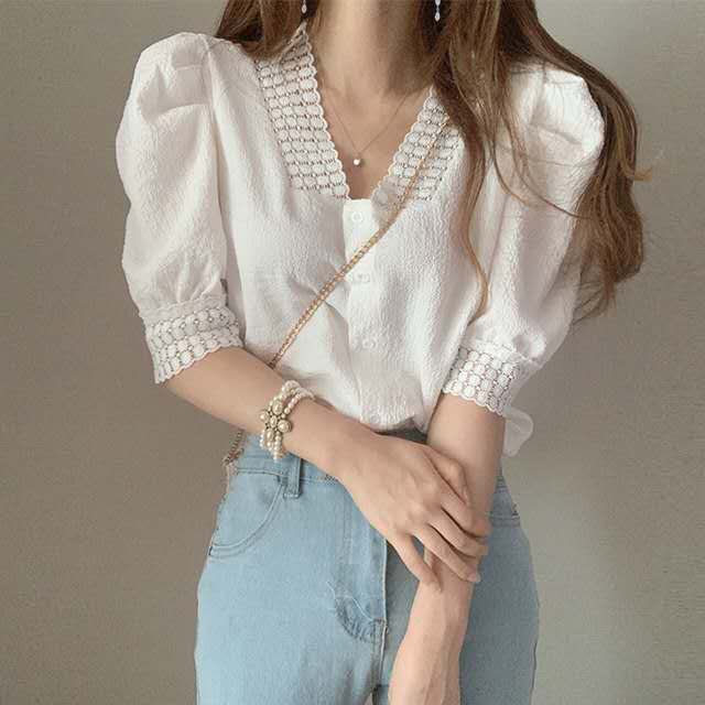 Korean chic bubble sleeve lace stitching Blouse Shirt
