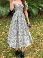New Korean ink grey square neck high waist A-shaped short sleeved floral skirt with thin waist, Hepburn style and versatile long skirt in summer