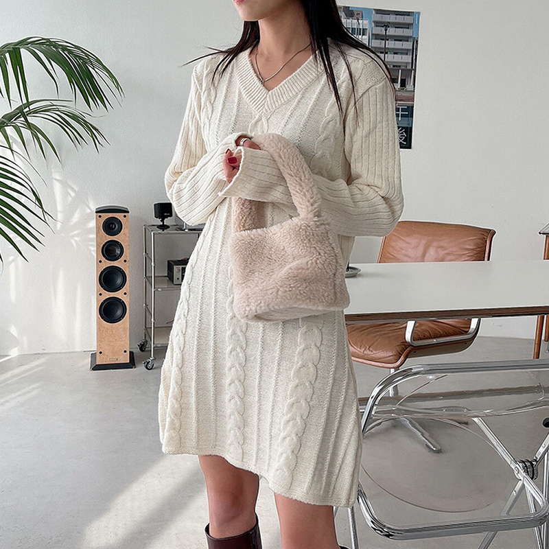 Real price sexy V-neck twist dress Korean solid color closed waist A-shaped split horn sleeve wool dress women