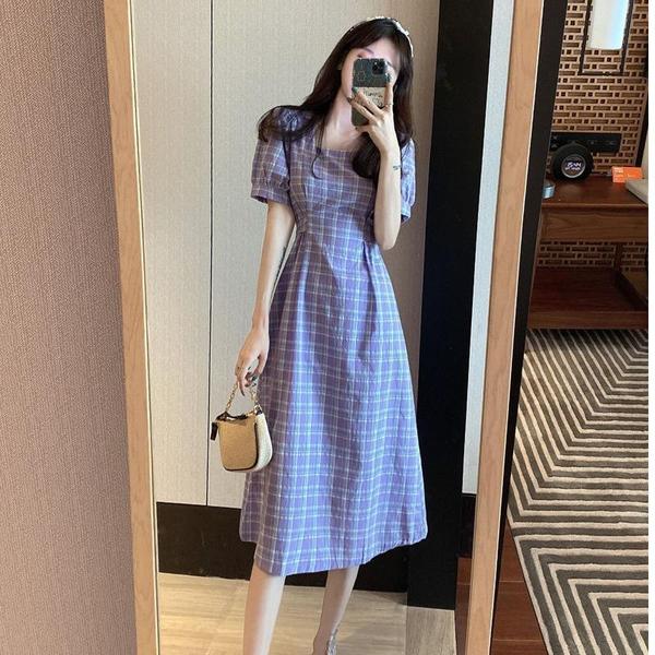 Summer new French retro dress temperament square neck medium length skirt waist Short Sleeve Plaid Dress