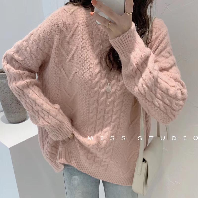 Wool sweater women's 2021 autumn winter retro twist loose lazy thickened round neck Pullover Sweater Coat