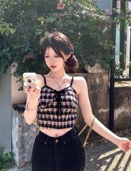 Real shot real price pink powder and ink combination small fragrant wind velvet camisole vest niche top