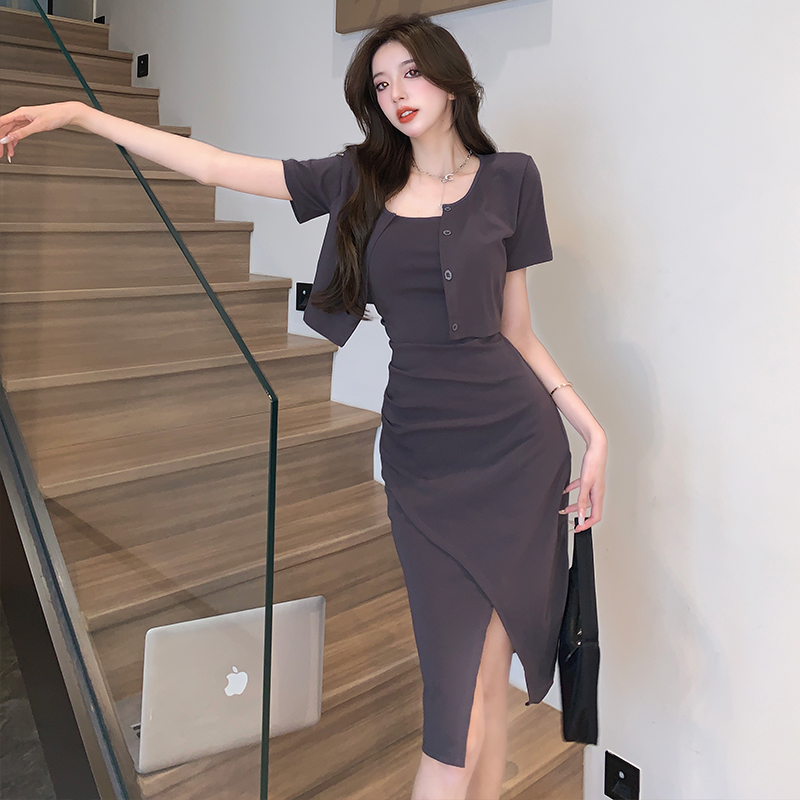 Salt series high-end sense two-piece summer suit new commuter slim slit suspender skirt solid color suit