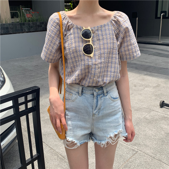 100% Polyester Summer New French Square Neck Caution Machine Chiffon Shirt Top Blouse