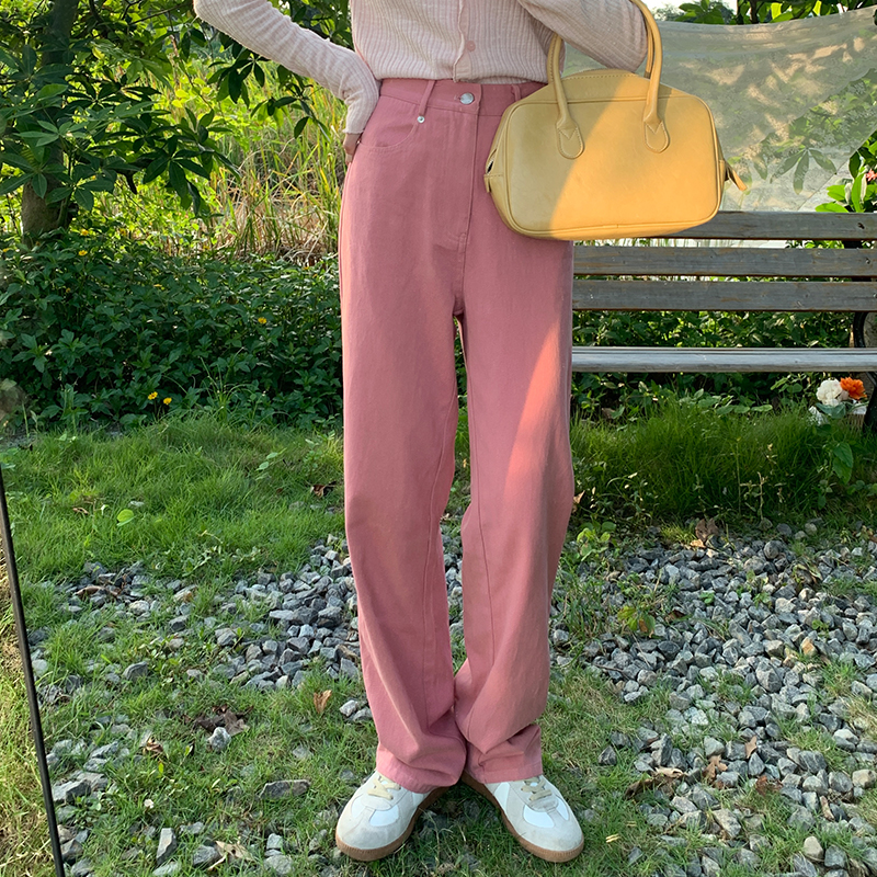 Real shot high waist wide leg jeans simple casual all-match pink straight trousers women's high street fashionable pants