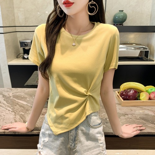 Real shooting pure cotton short sleeve design sense women's clothing summer half sleeve short irregular kink top