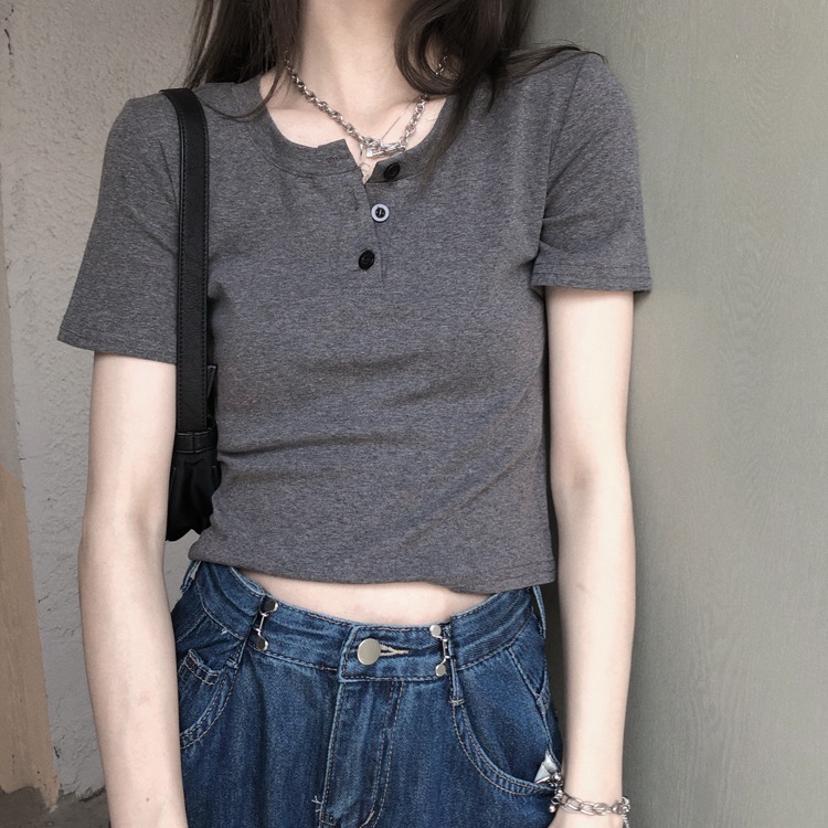 Cotton casual and durable ~ summer small man versatile basic thin button short sleeve T-shirt slim short top
