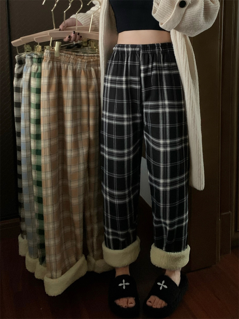 Real price plus velvet thickening warm home warm pants plaid imitation lamb velvet small wide straight pants