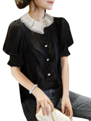 Black baby collar shirt women's Lantern Sleeve fashion foreign style short sleeve top European fashion European station summer 2021 NEW