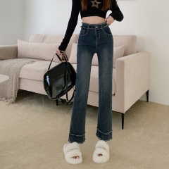 Real shot real price ~ women's autumn new retro blue high waist straight tube raw edge slim wide leg nine-point jeans