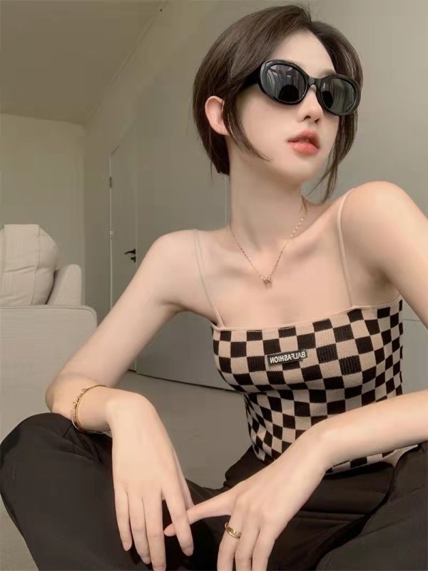 Chessboard Style Style Small Strap Tank Top Women's Autumn Design Sensible Spicy Girls Wear Short Inside and Sleeveless Top Outside