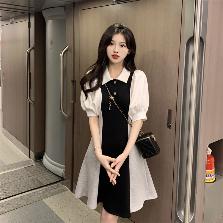 Contrast color stitching polo collar bubble sleeve dress women's summer 2022 new French minority waist closing slim skirt
