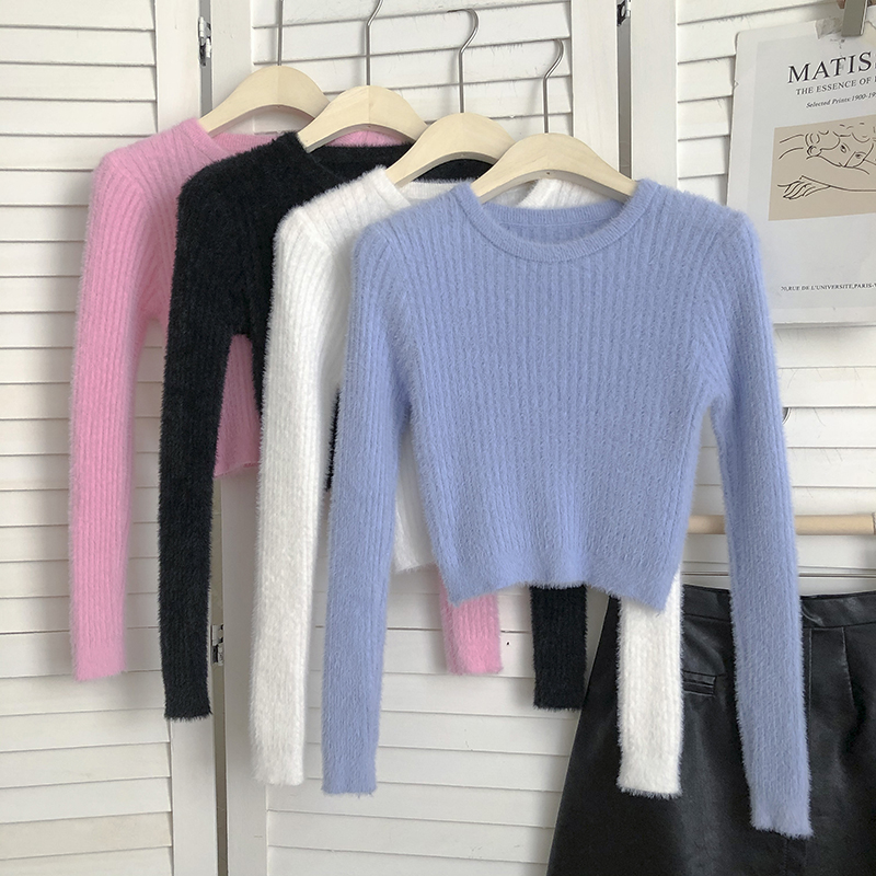 Mink fur round neck vertical texture solid color long-sleeved knitted sweater women's autumn Korean sweet all-match short pullover sweater