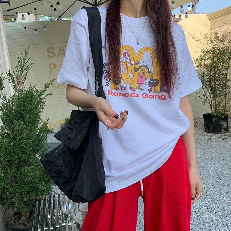 Real price 100% cotton raglan collar McDonald's family printed short-sleeved t-shirt for women