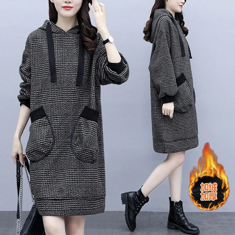 Fashion new plus size women's clothing plus velvet thick sweater skirt winter ladies temperament all-match warm plaid dress