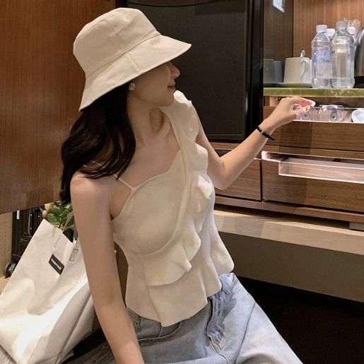 2023 sexy backless ruffled knitted top slim bottoming shirt outerwear short camisole women's clothing