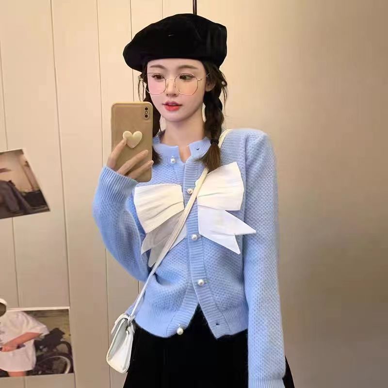 Color-blocking three-dimensional bow long-sleeved 2022 autumn and winter Korean version loose outer wear sweet and foreign sweater