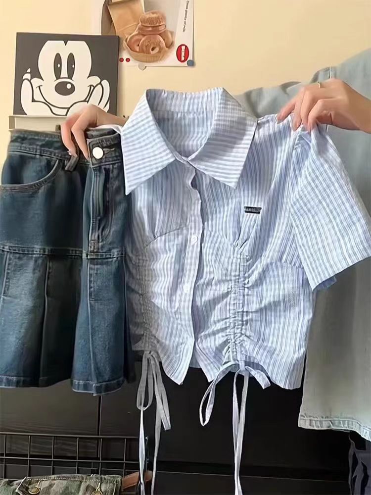 Original patterned fabric blue short-sleeved women's tie-dye design stylish short top