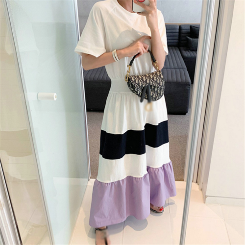 Dress women 2020 new color contrast long over the knee Slouchy big skirt children