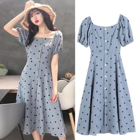 Summer clothes 2022 new fat mm THIN wave point dress early spring Chiffon square neck bubble sleeve covered belly Chiffon