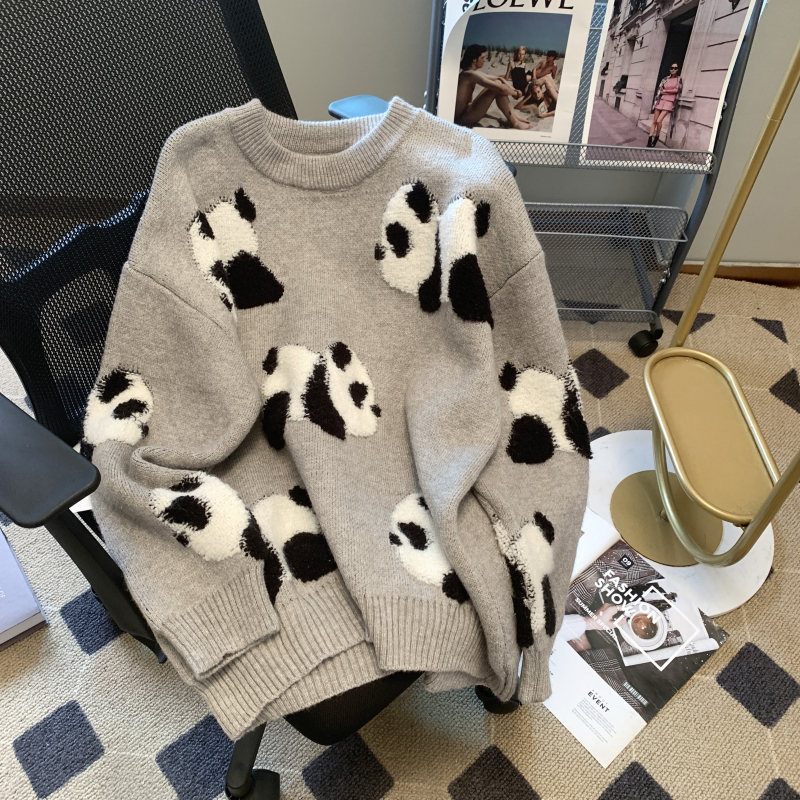 Real shot cute panda jacquard round neck college wind knitted sweater casual top 2022 new women's autumn clothes