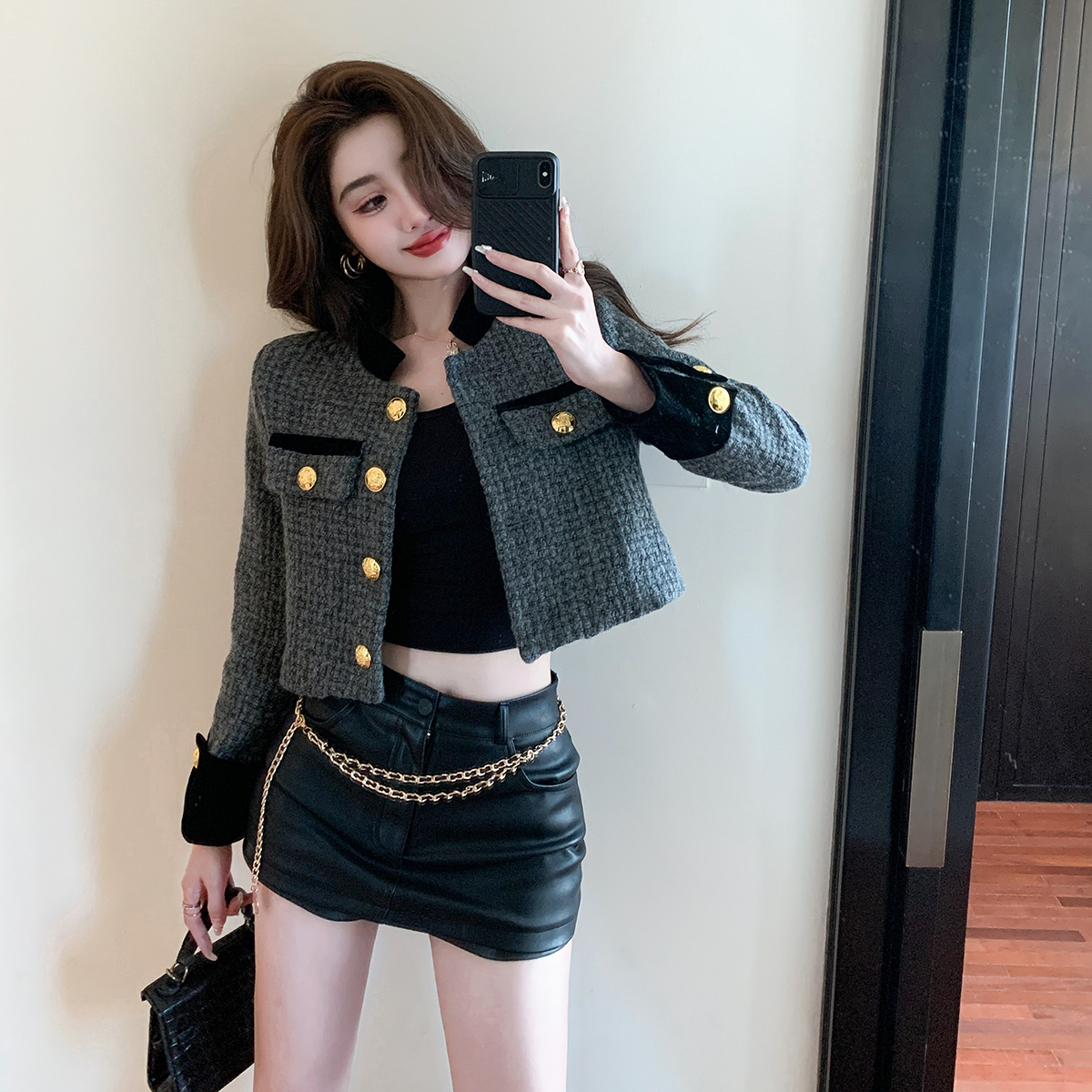 Real shot air quilted tweed design ladies suit short coat