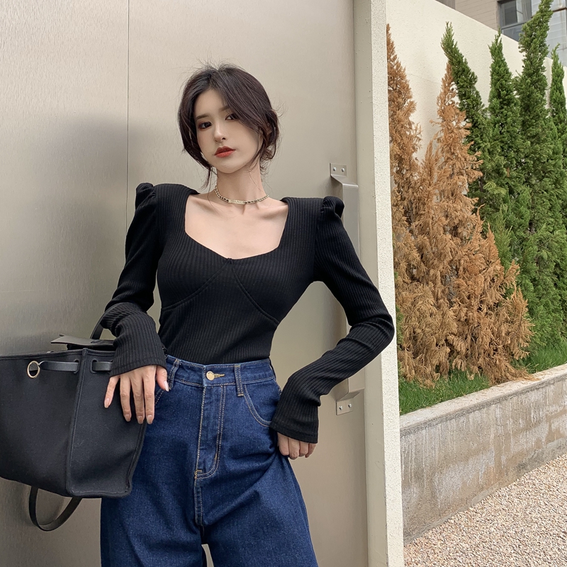 Real shot autumn and winter Hong Kong style square collar puff sleeves slim fit long-sleeved T-shirt sanding pit strip bottoming shirt top