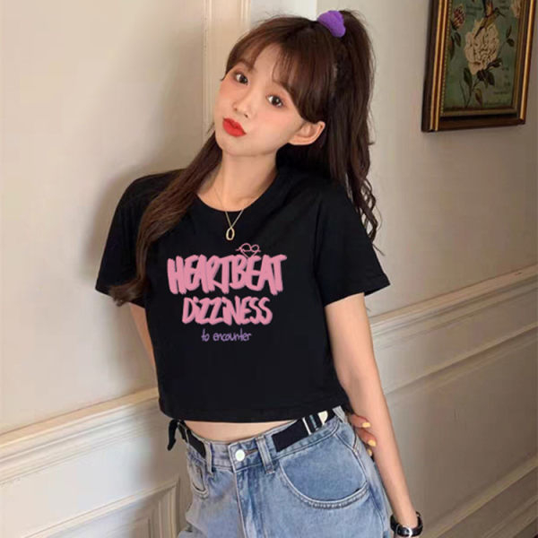 Short-sleeved T-shirt for women, black short shoulder summer top, new sweet and spicy style, American slim fit, exposed navel, niche