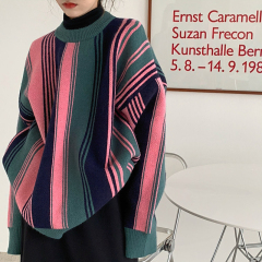 Real price real shot heavy craft contrast stitching striped Crew Neck Long Sleeve Sweater