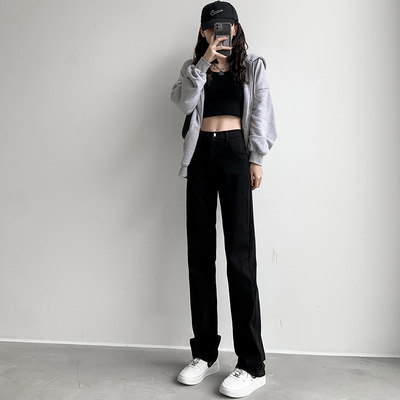 Black straight jeans women's spring and autumn 2021 autumn and winter new high waist slim pants