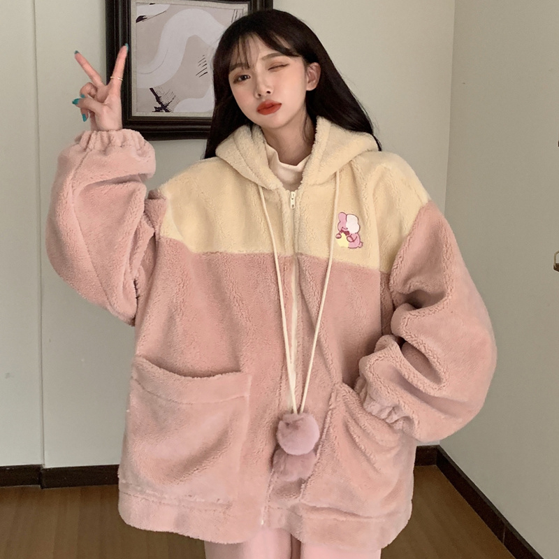 Lamb wool cute coat women's loose Korean version gentle lazy wind plus velvet thickening