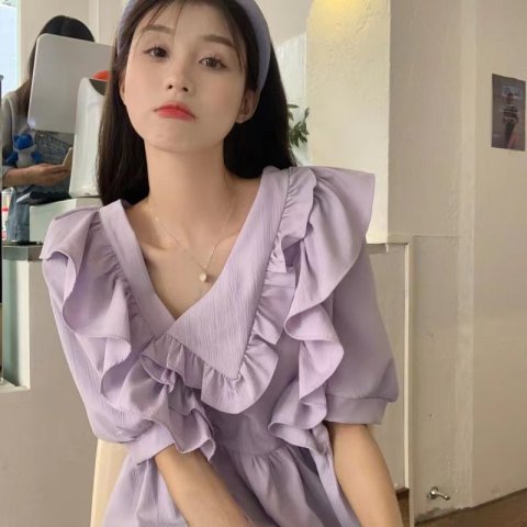 Official figure# French sweet design small flounce asymmetric lapel bubble sleeve short sleeve shirt woman