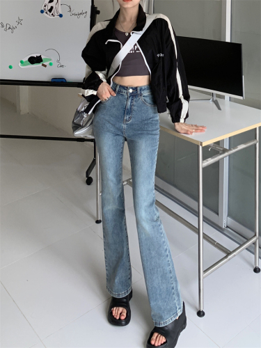 Net Price Real Shot High Waist Slightly Razed Jeans Women's Slim New Long Pants Mopping Pants Design Sense