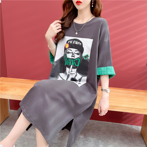 Real shooting of fried Street trend Korean cotton medium long loose new printed short sleeved T-shirt women's large women's blouse