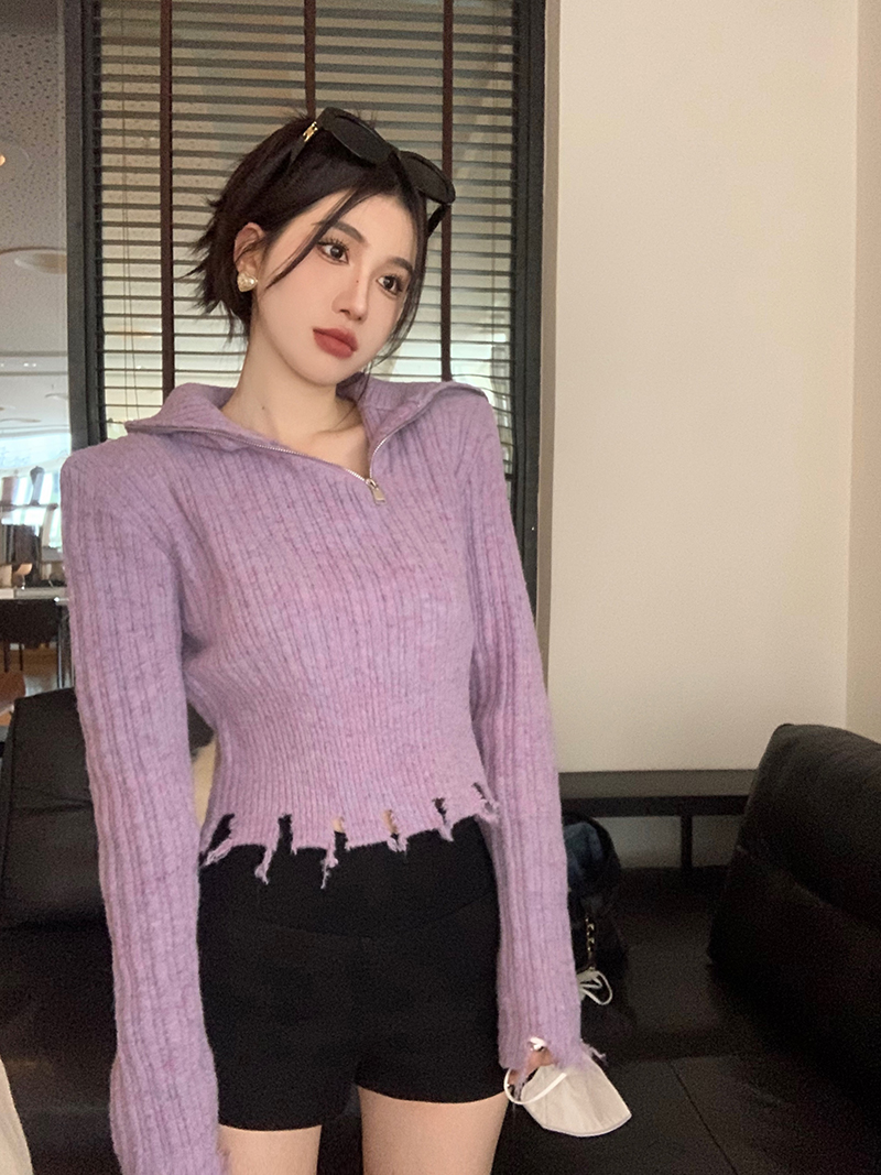 Real price real price knitted bottoming shirt autumn and winter zipper hooded sweater short section irregular tassel wool top