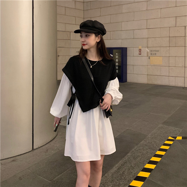 Official figure real price new Korean irregular fake two piece color matching Lantern Sleeve Dress