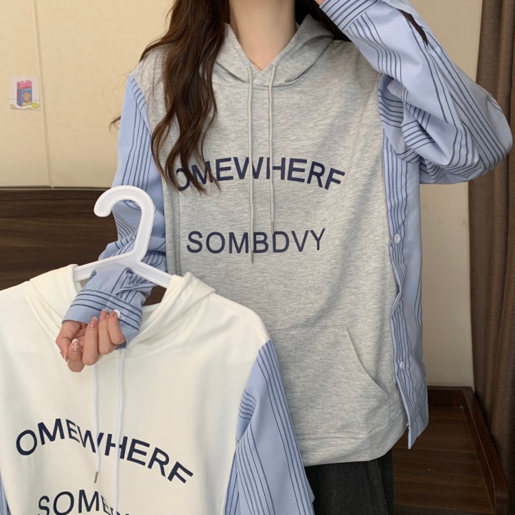 Real shot fake two-piece sweater women's hooded top all-match pullover top Korean version loose college style