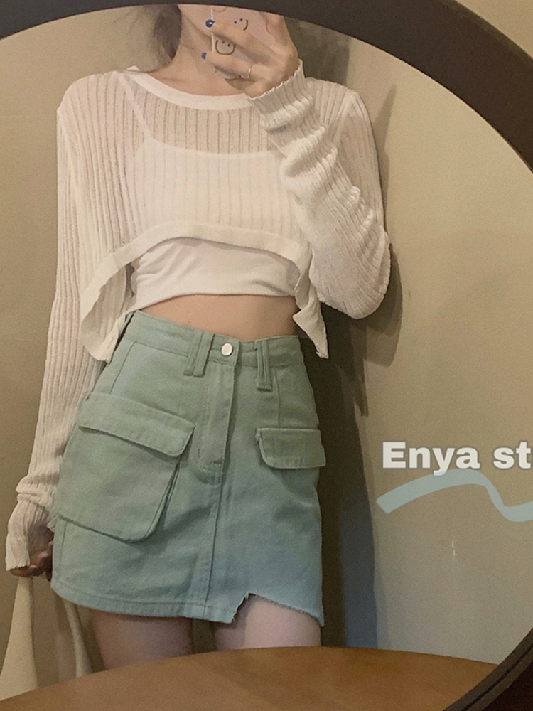 Summer thin style with suspenders over sunscreen blouse women's half cut short Pullover air conditioning shirt ice silk knit top
