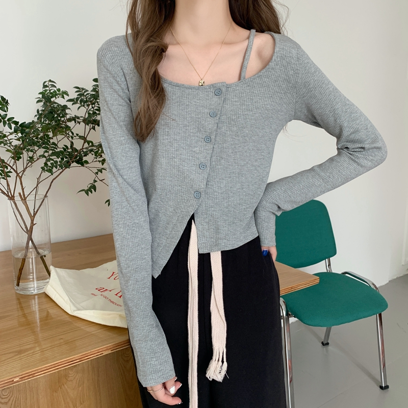 Spring design sense niche irregular chic T-shirt women's short section self-cultivation bottoming shirt retro top