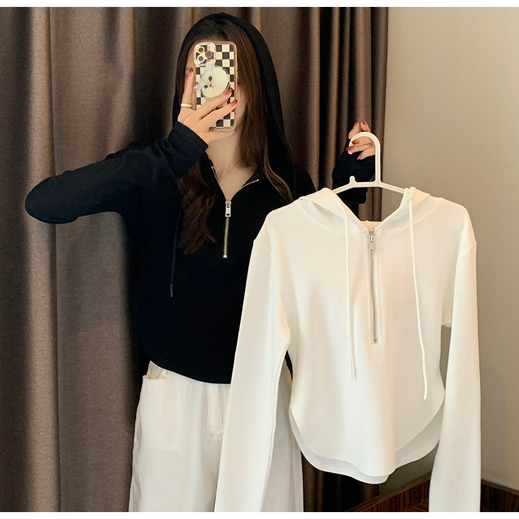 Design sense niche autumn short zipper top is thin and thin long-sleeved hooded sweater Western-style women