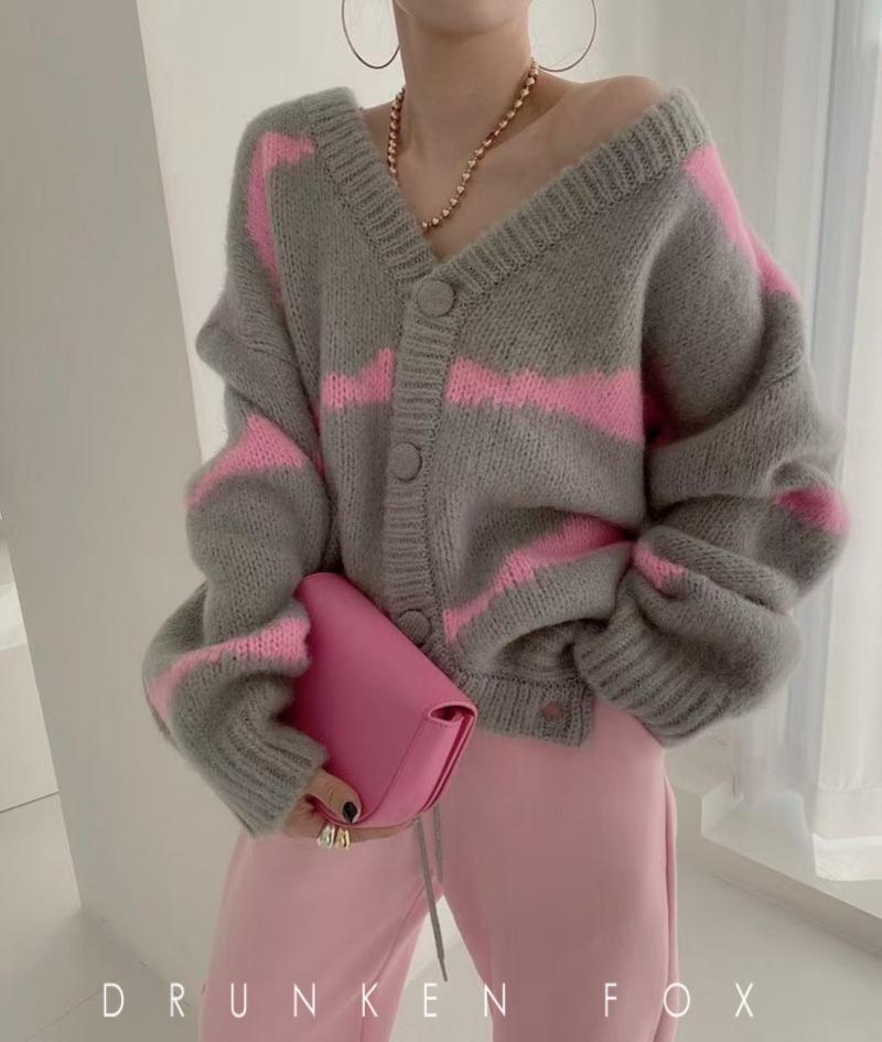 Guodong gate stripe cardigan sweater coat women loose and lazy wear color matching V-Neck Sweater fashion