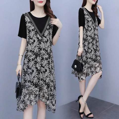 Imitation cotton word belly covering dress new summer dress large women's dress fake two pieces of hot diamond high-grade floral skirt
